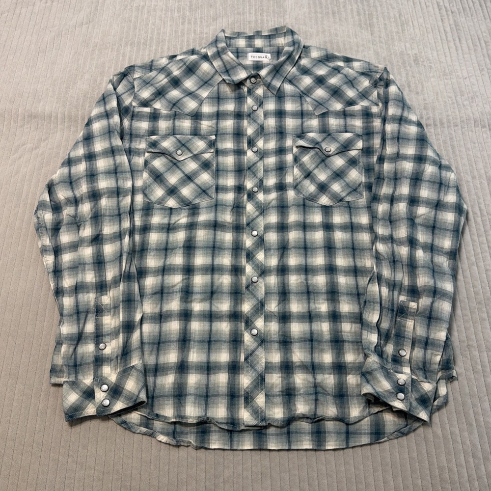 Tecovas Western Shirt Mens XL green white Plaid Pearl Snap Herringbone Cowboy